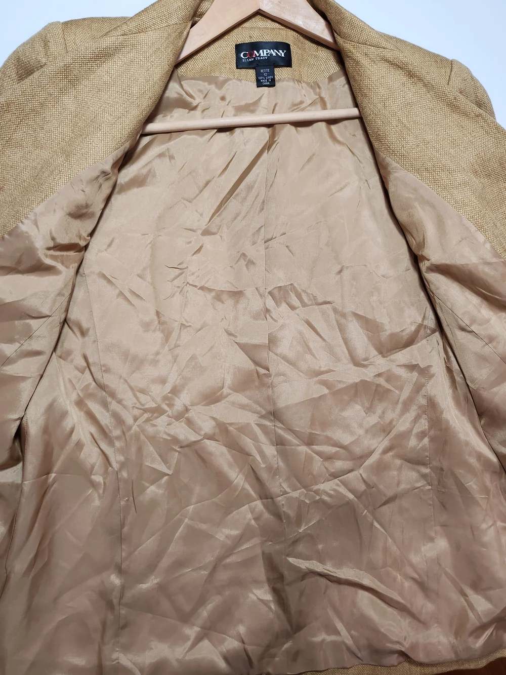 Ellen Tracy Company Petite Gold Tan 100% Linen Double Breasted Blazer Size 12